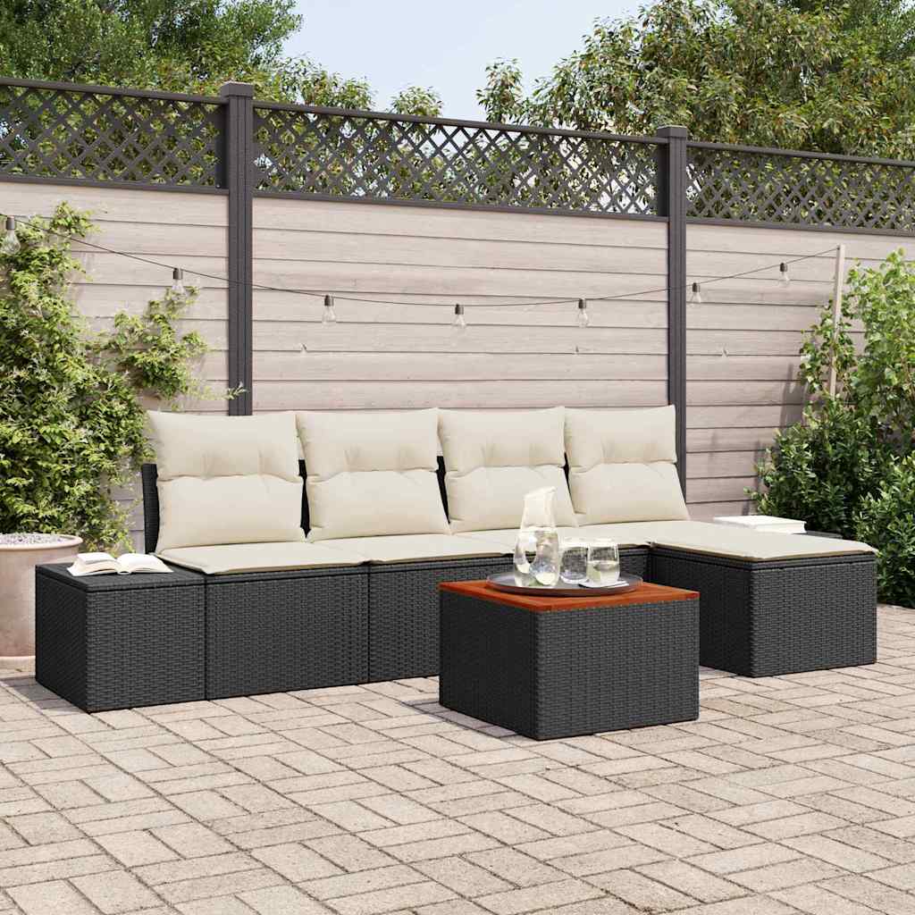 Set Divano da Giardino 6 pcs Nero e Crema polyrattan