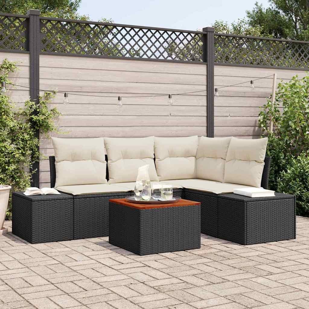 Set Divano da Giardino 5 pcs Nero e Crema polyrattan