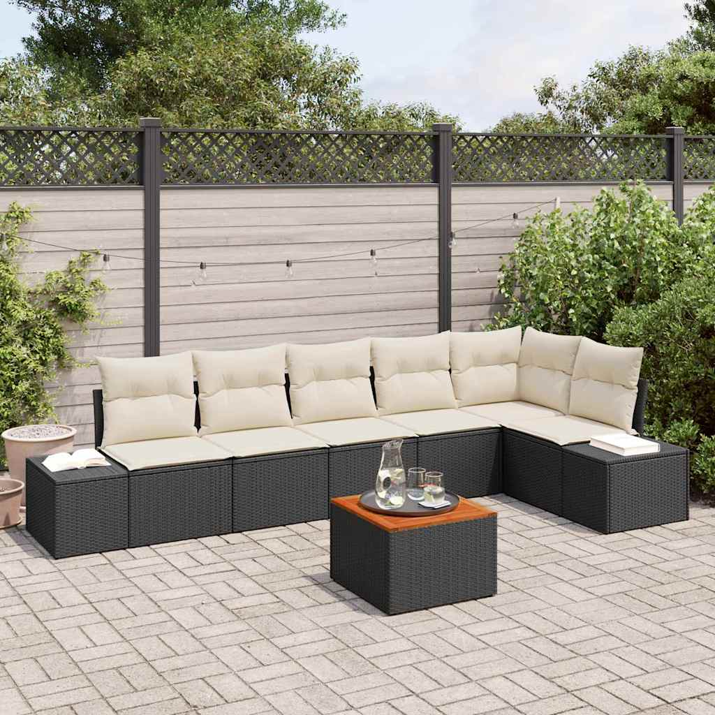 Set Divano da Giardino 7 pcs Nero e Crema polyrattan