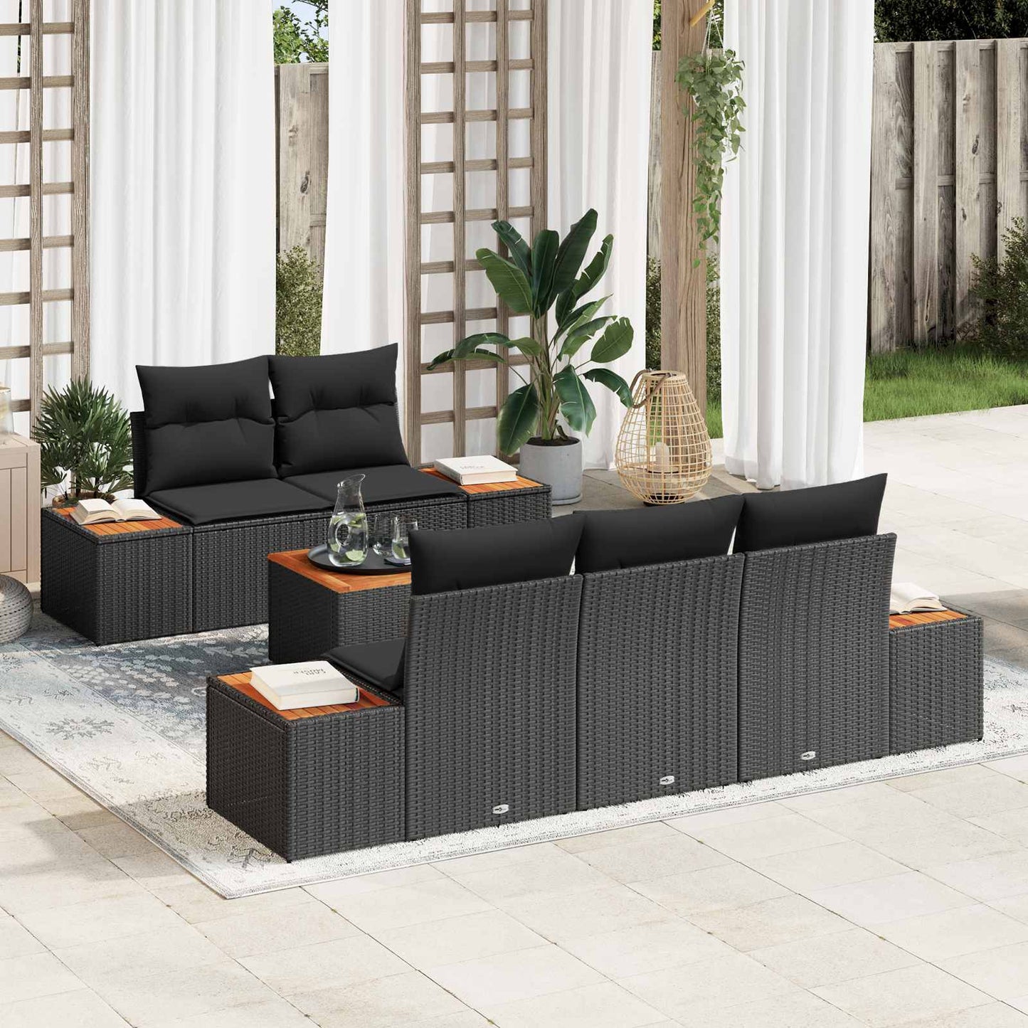 Set Divano da Giardino con cuscino 6 pcs Nero Poly Rattan