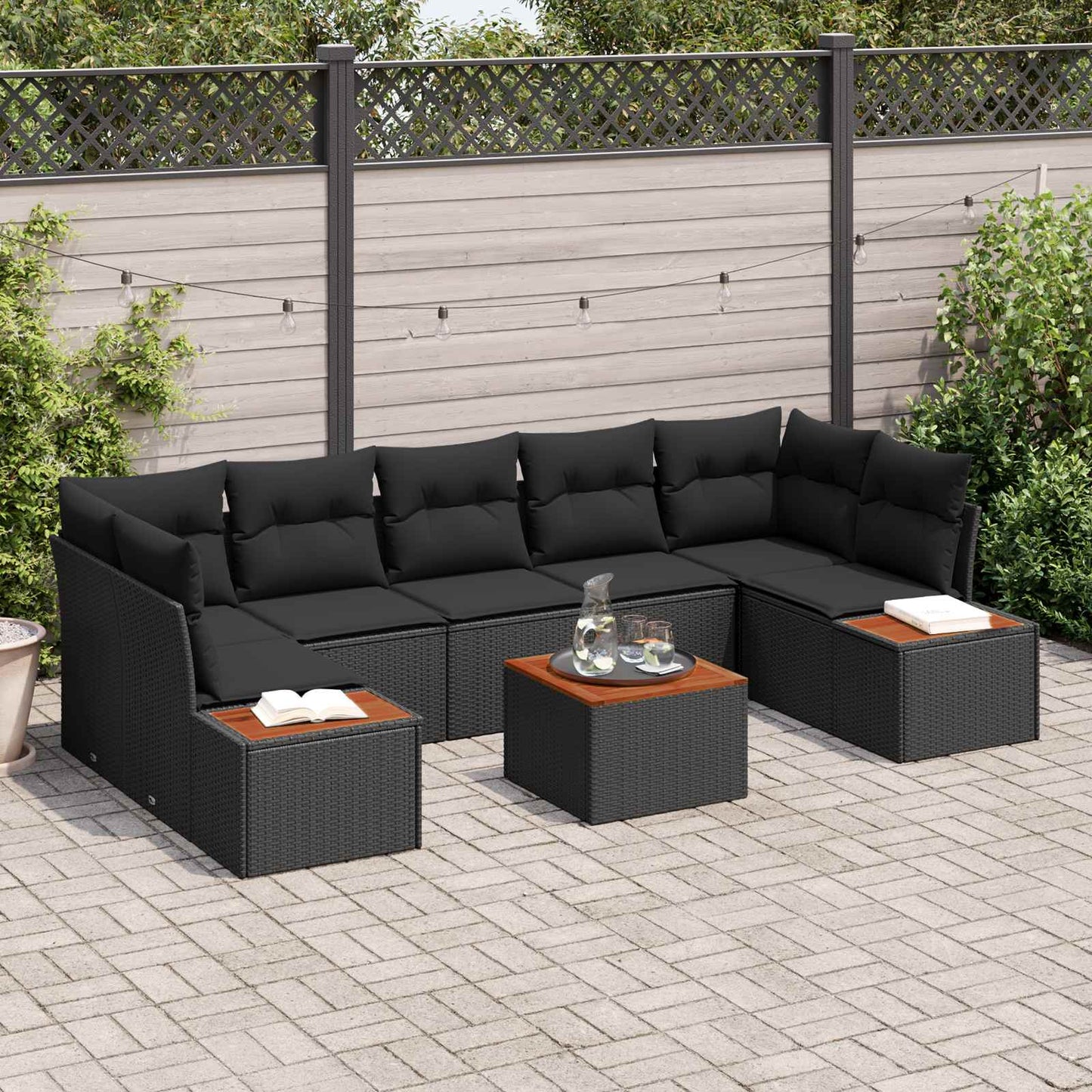 Set Divano da Giardino con cuscino 8 pcs Nero Poly Rattan