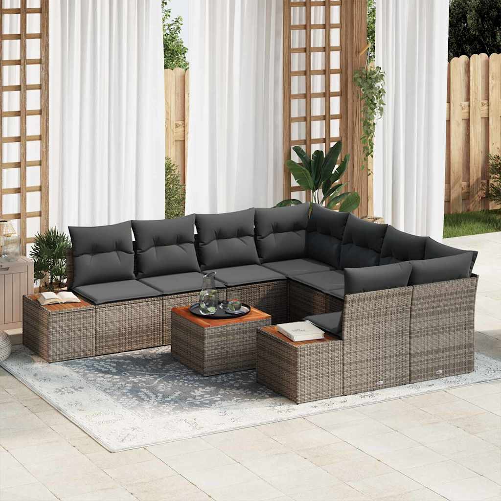Set Divano da Giardino con cuscino 9 pcs Grigio Poly Rattan