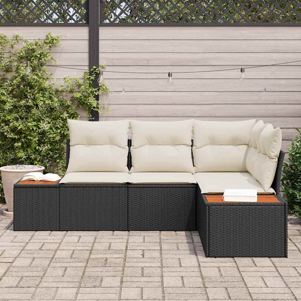 Set Divano da Giardino 4 pcs Nero e Crema polyrattan