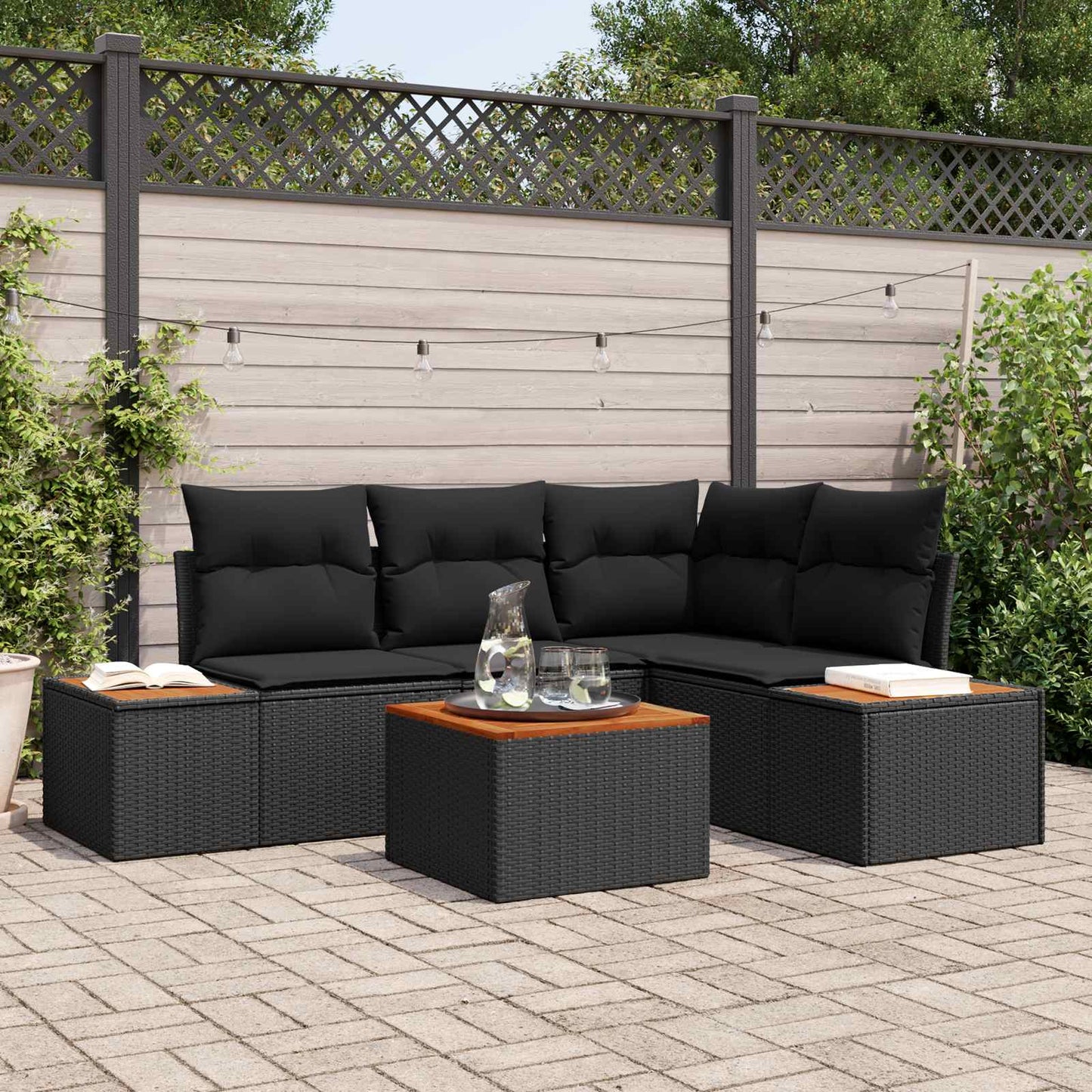 Set Divano da Giardino con cuscino 4 pcs Nero polyrattan