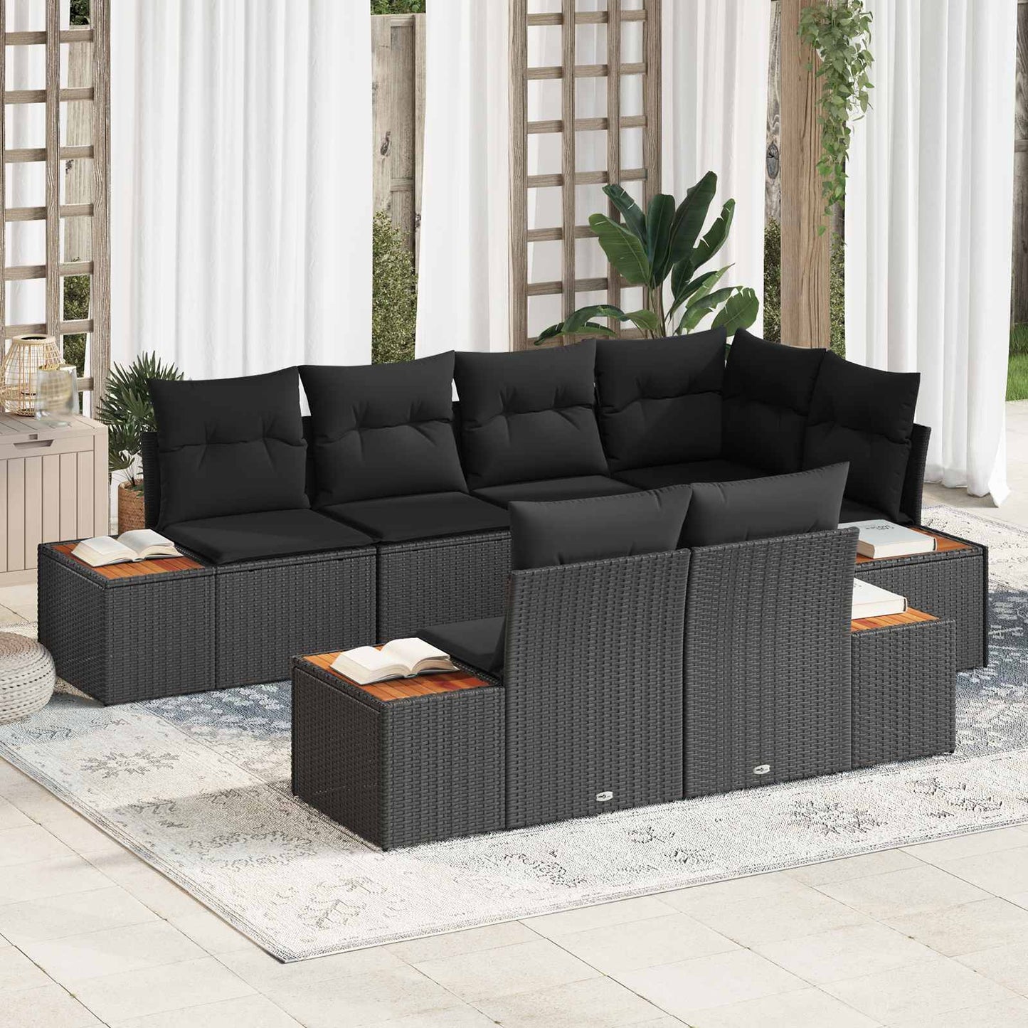 Set Divano da Giardino con cuscino 7 pcs Nero polyrattan