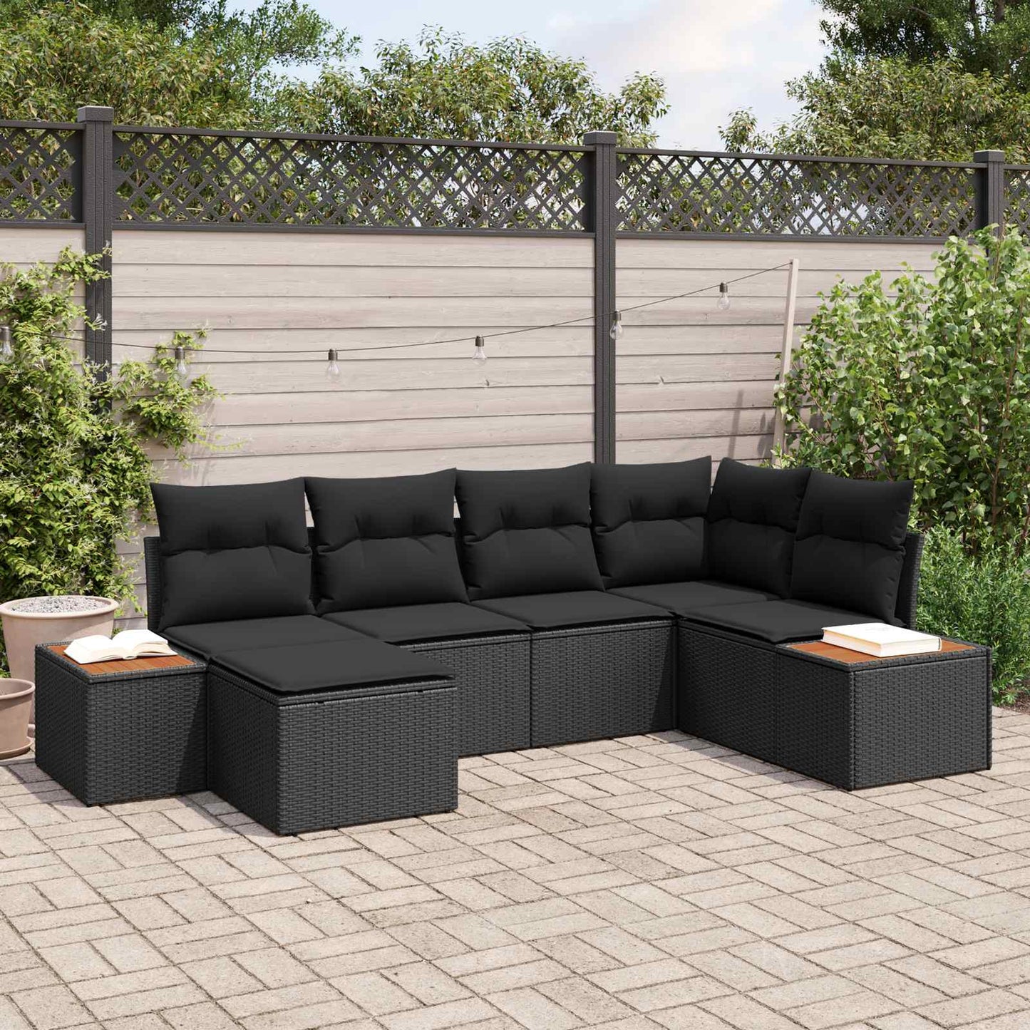 Set Divano da Giardino con cuscino 7 pcs Nero polyrattan
