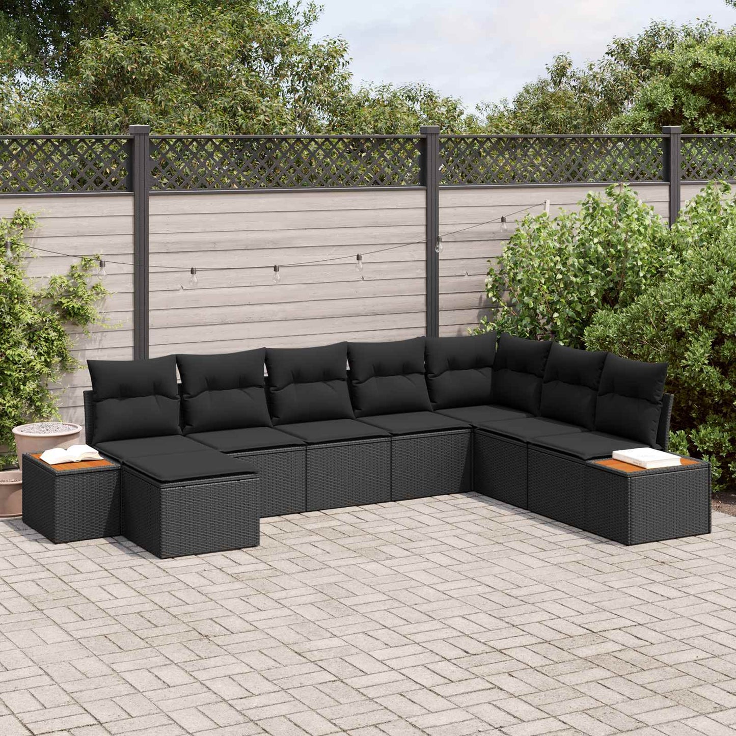 Set Divano da Giardino con cuscino 9 pcs Nero polyrattan