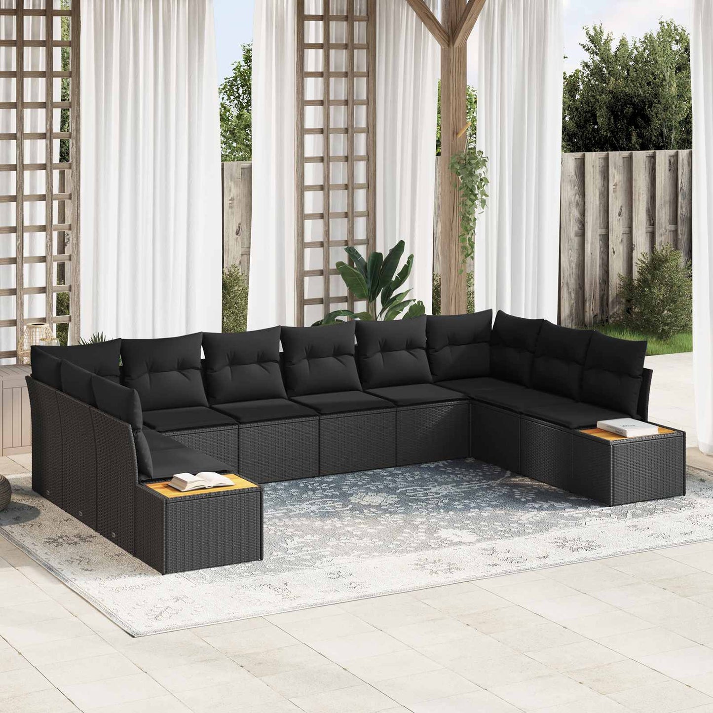 Set Divano da Giardino con cuscino 10 pcs Nero polyrattan