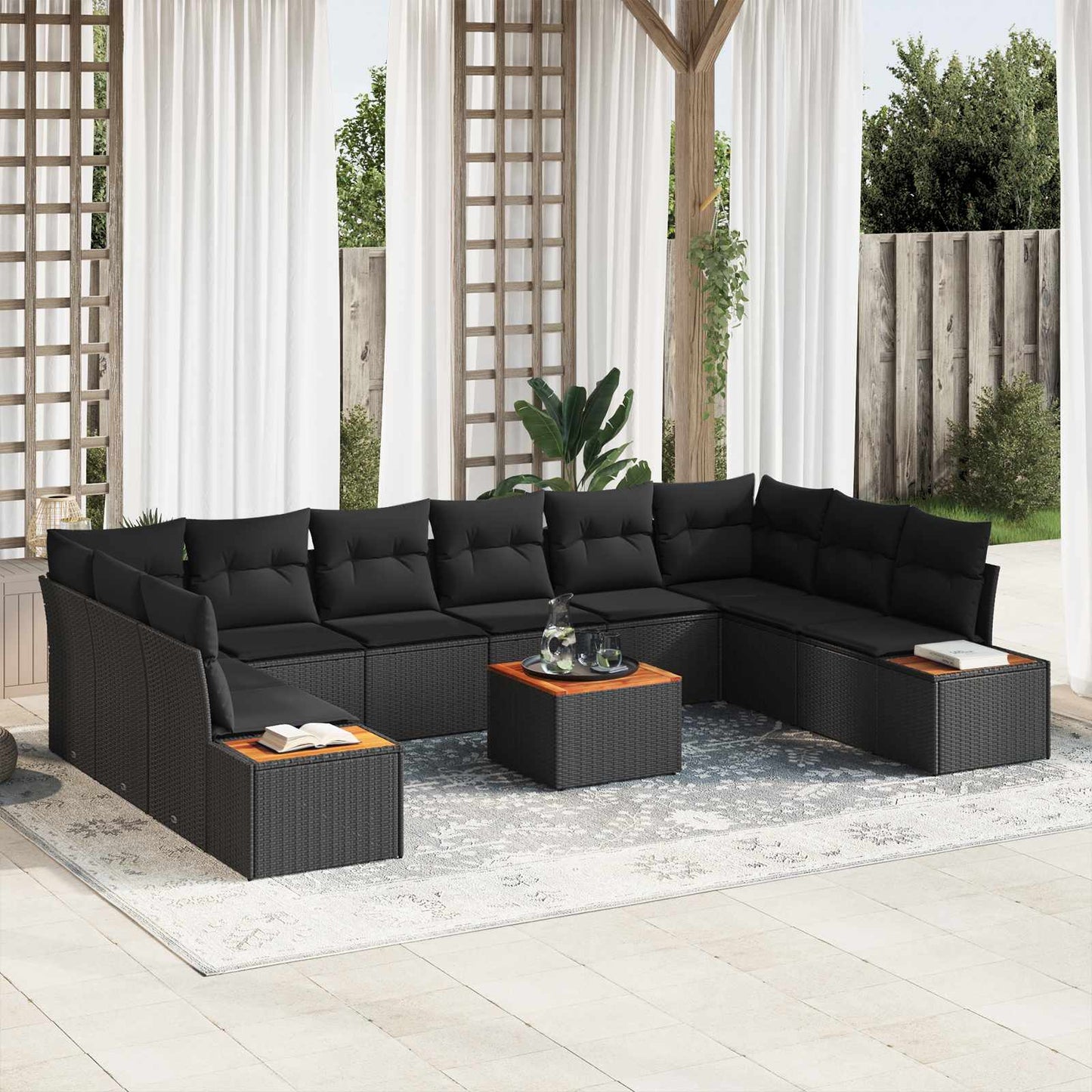 Set Divano da Giardino con cuscino 10 pcs Nero polyrattan