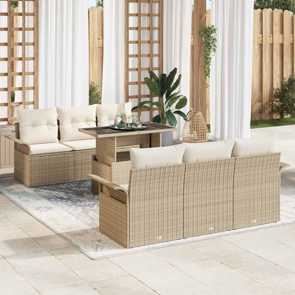 Set Divano da Giardino con cuscino 7 pcs Beige Poly Rattan