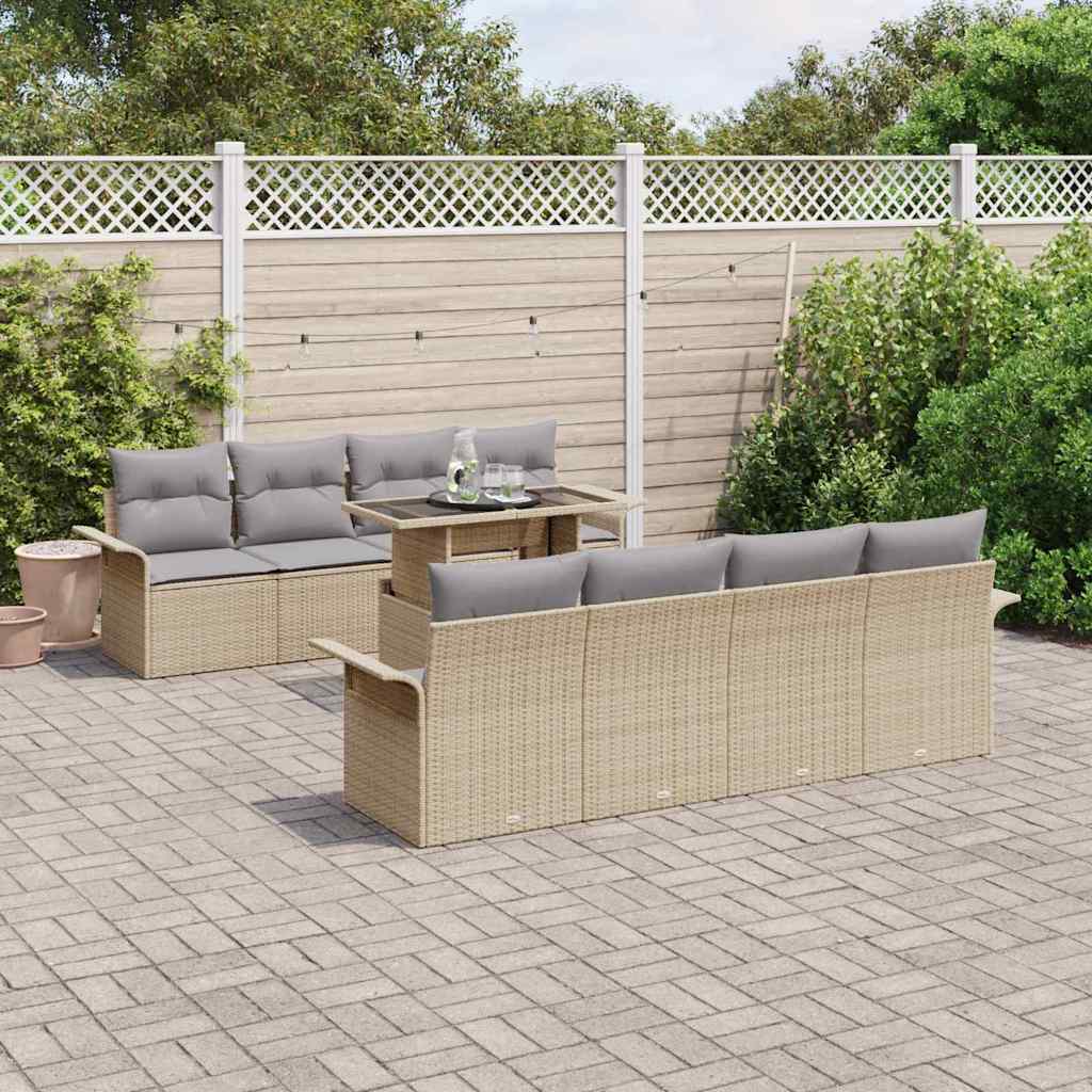 Set Divano da Giardino con cuscino 9 pcs Beige Poly Rattan