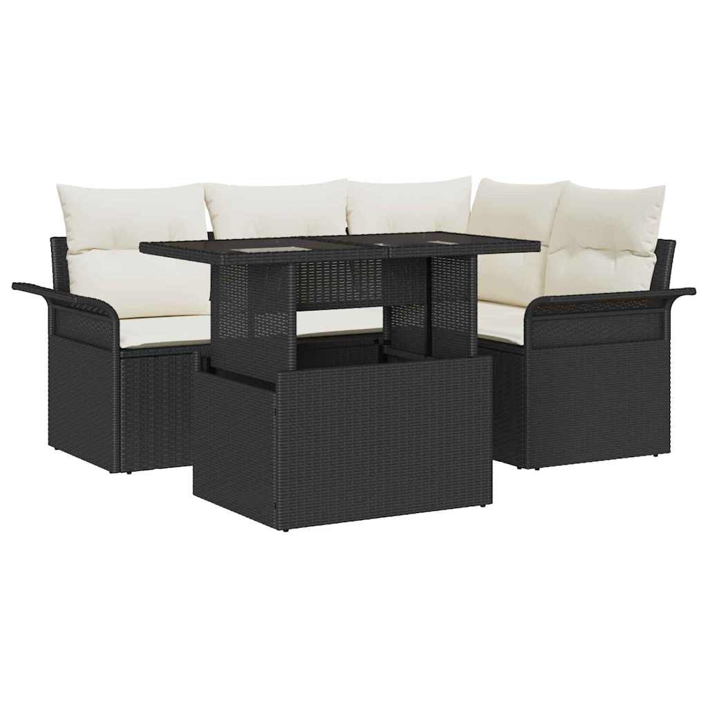 Set Divano da Giardino con cuscino 5 pcs Nero Poly Rattan