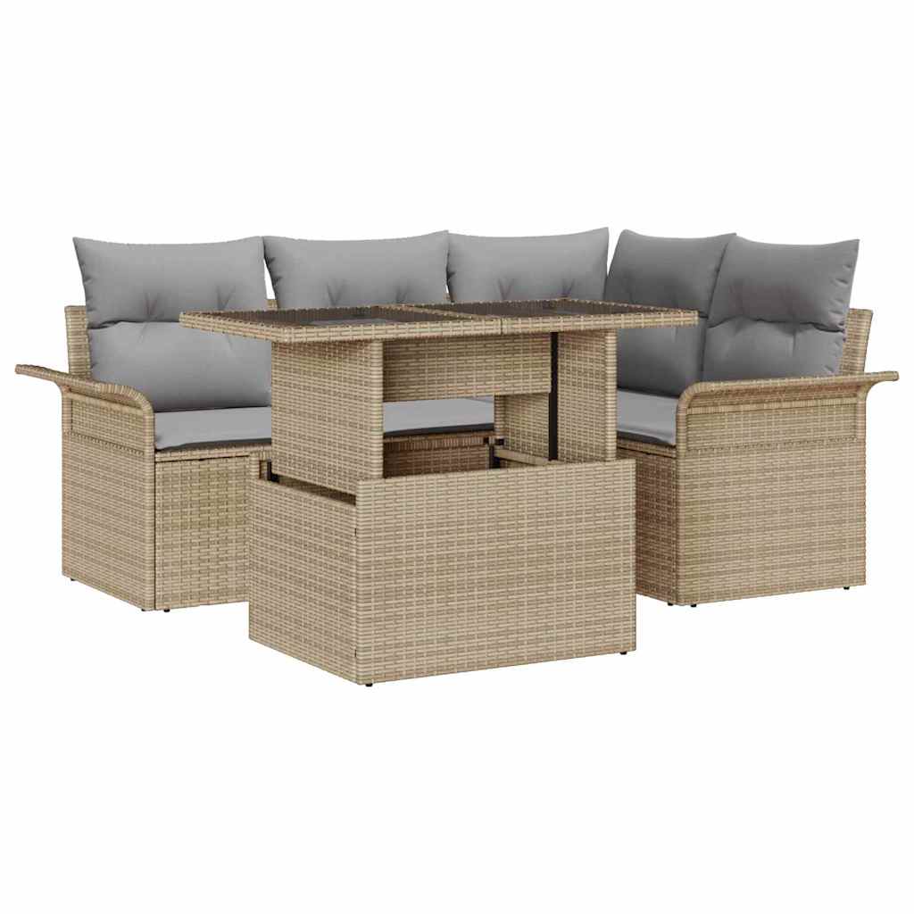 Set Divano da Giardino con cuscino 5 pcs Beige Poly Rattan