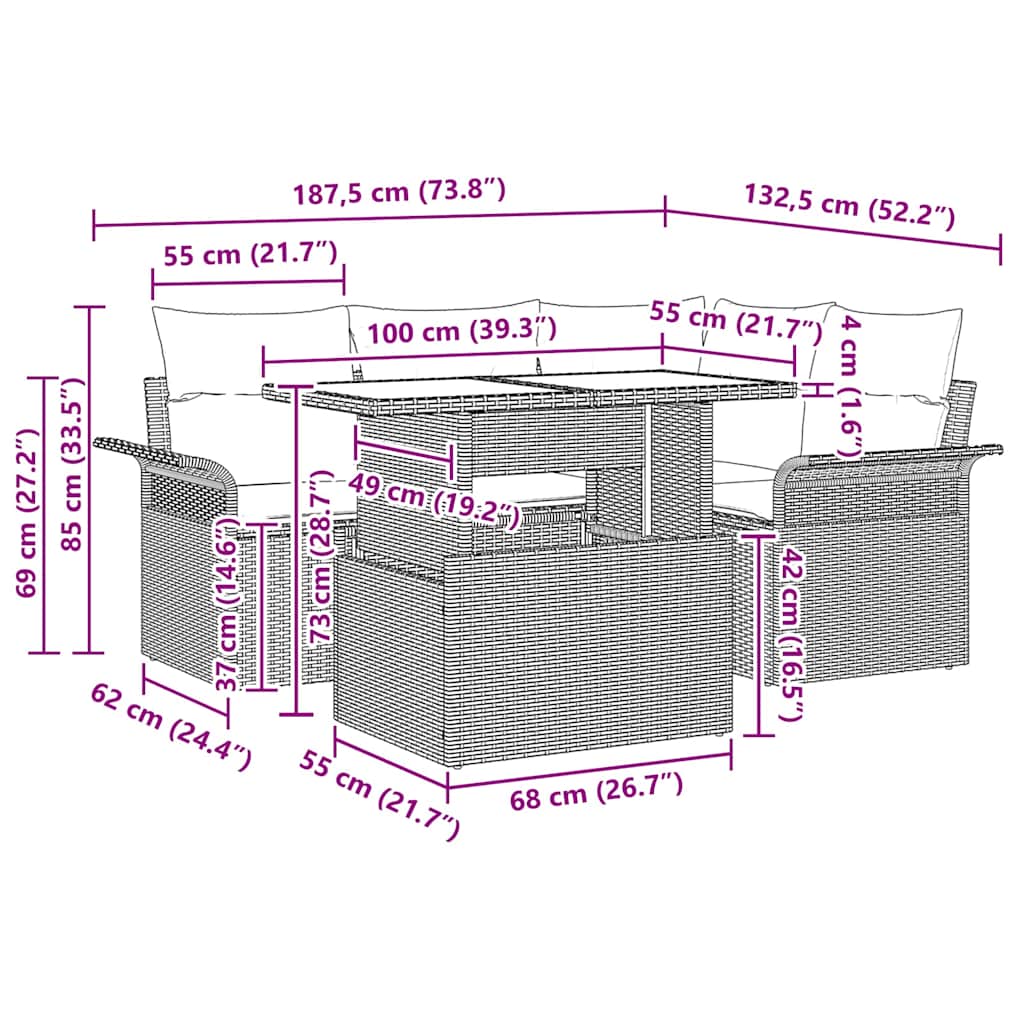 Set Divano da Giardino 5 pcs Beige Rattan in Polipropilene