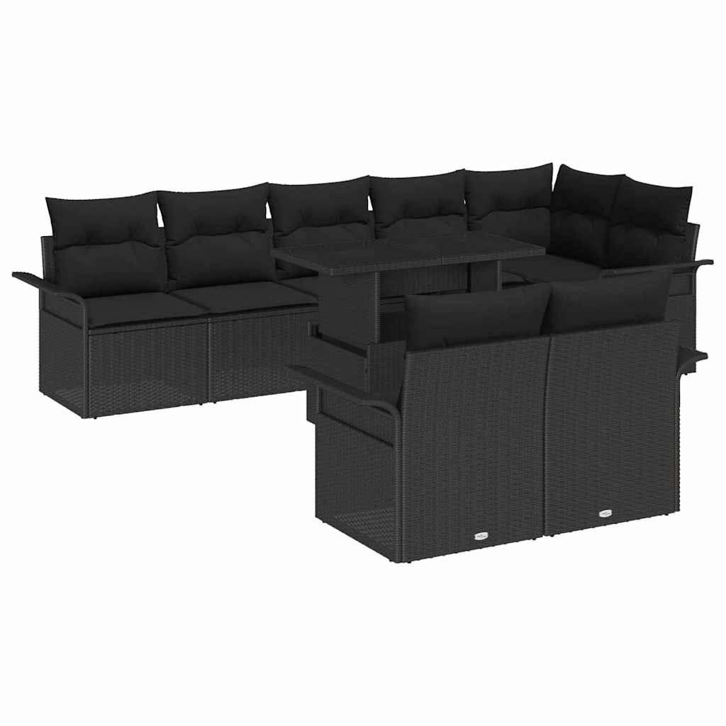 Set Divano da Giardino con cuscino 9 pcs Nero Poly Rattan