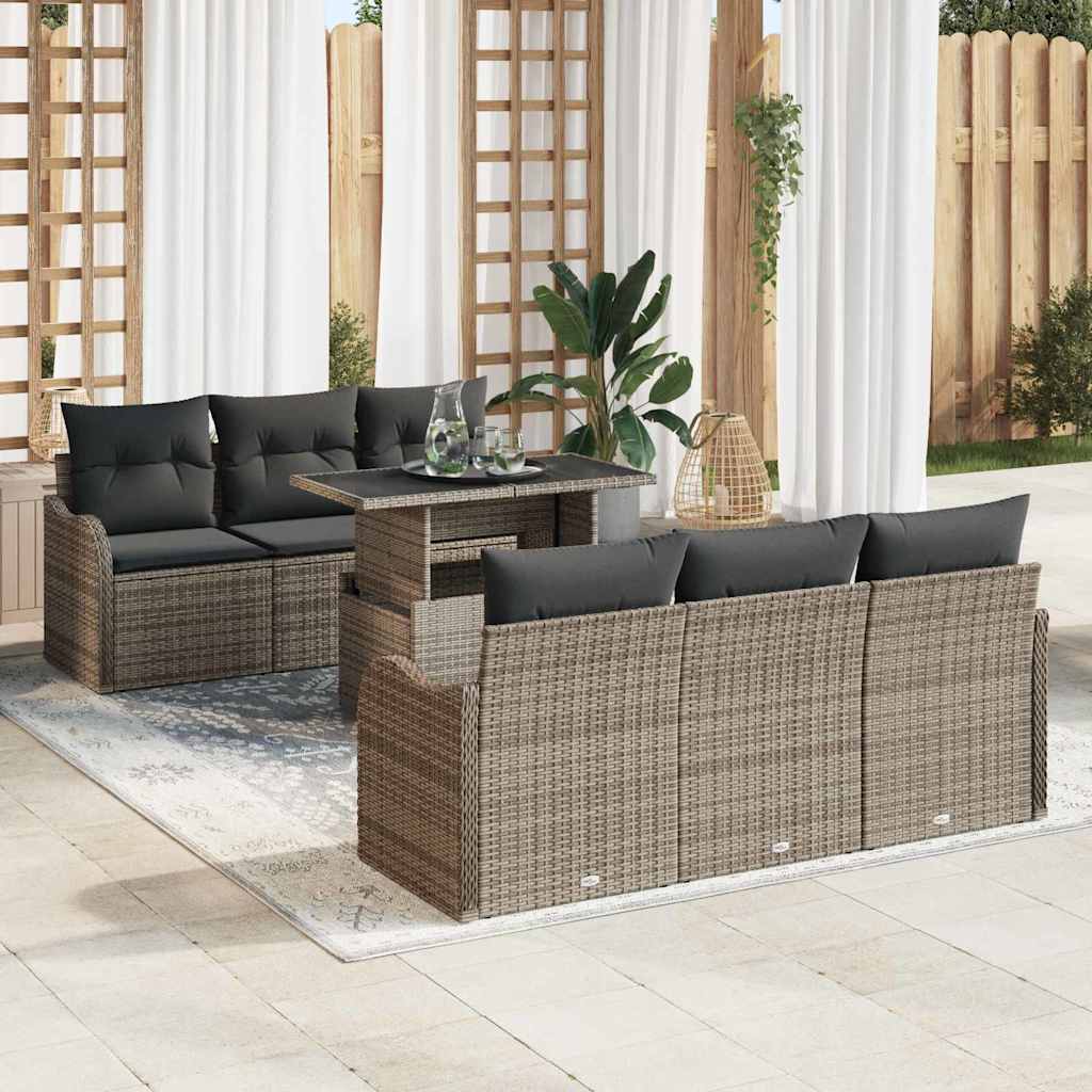 Set Divano da Giardino con cuscino 7 pcs Grigio Poly Rattan