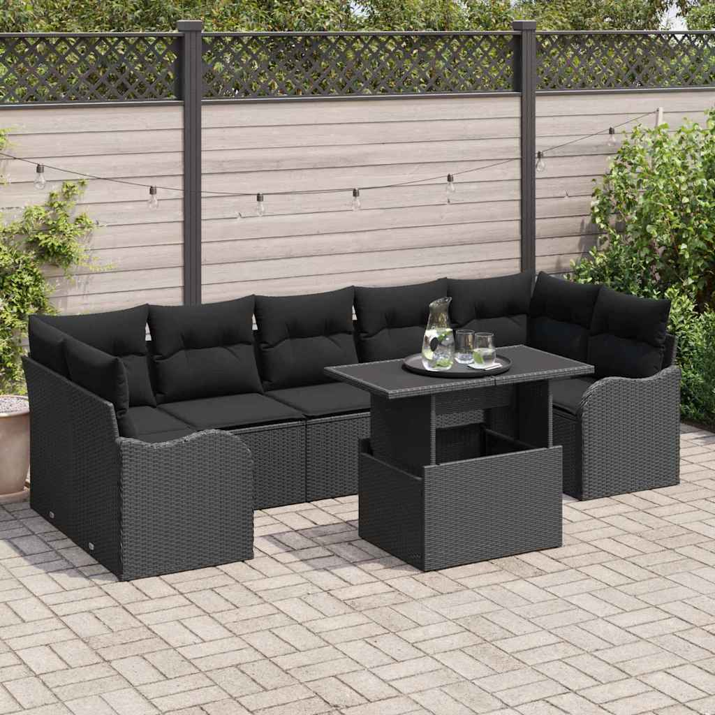 Set Divano da Giardino con cuscino 8 pcs Nero Poly Rattan