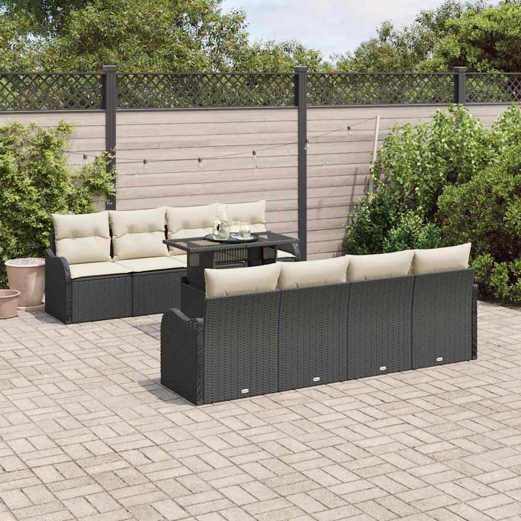 Set Divano da Giardino con cuscino 9 pcs Nero Poly Rattan