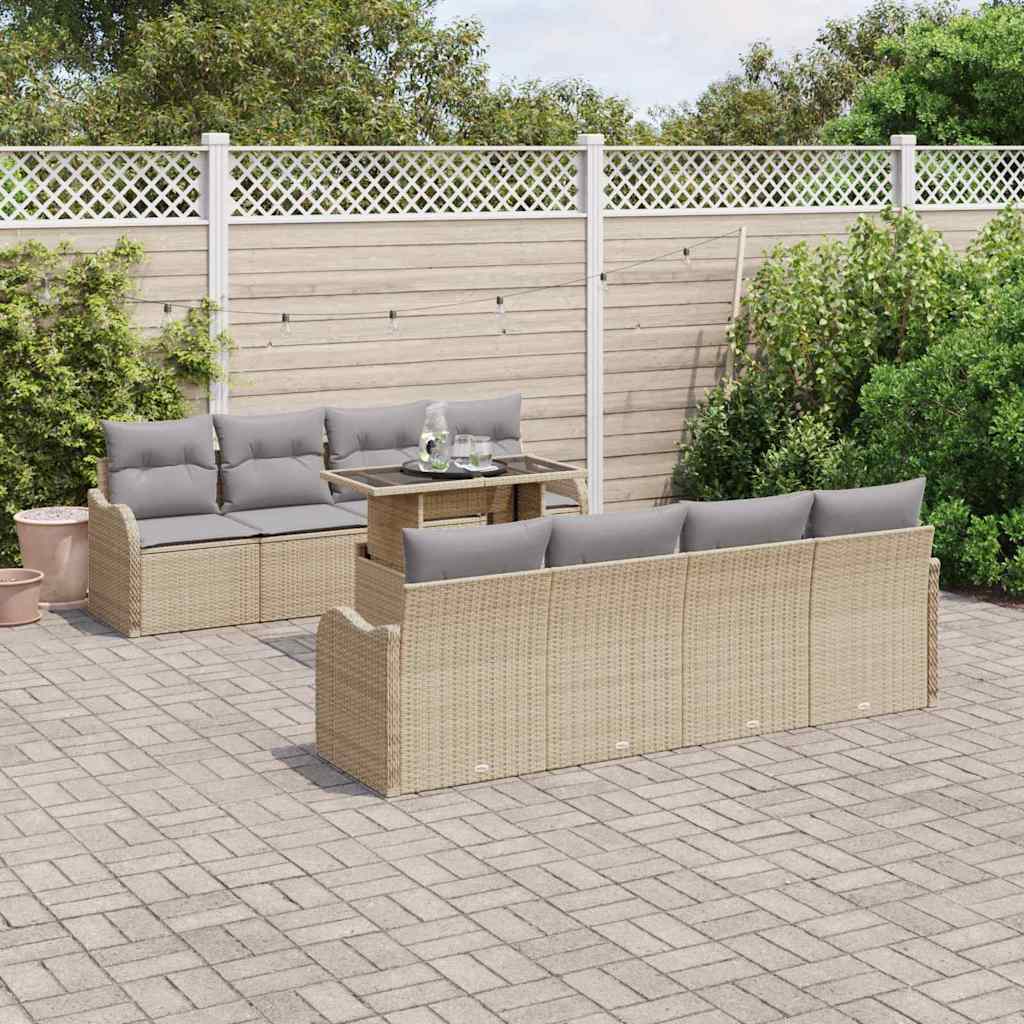 Set Divano da Giardino con cuscino 9 pcs Beige Poly Rattan