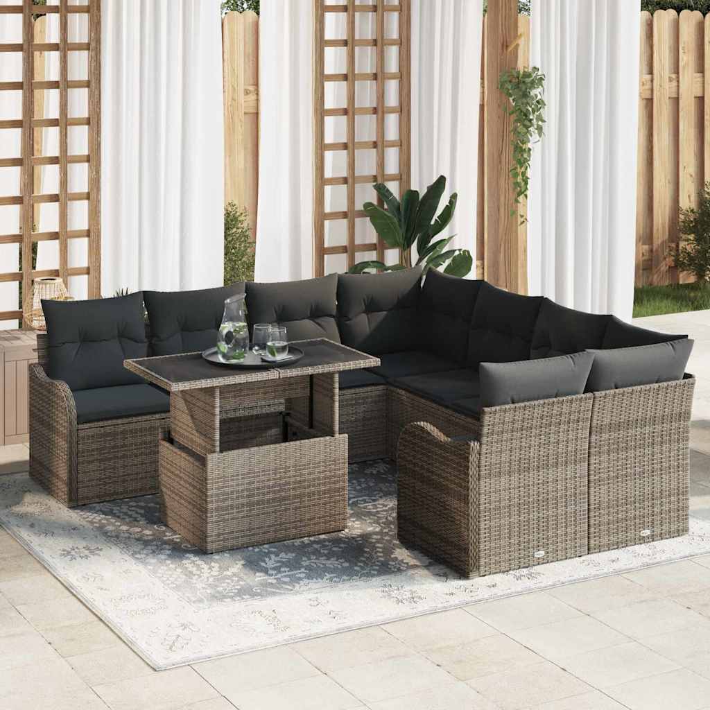 Set Divano da Giardino con cuscino 9 pcs Grigio polyrattan