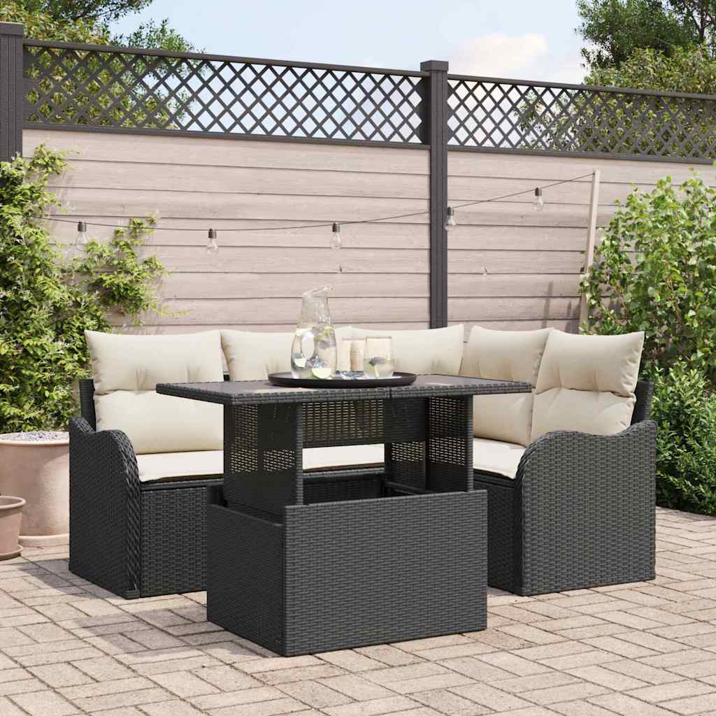 Set Divano da Giardino 5 pcs Nero Rattan in Polipropilene