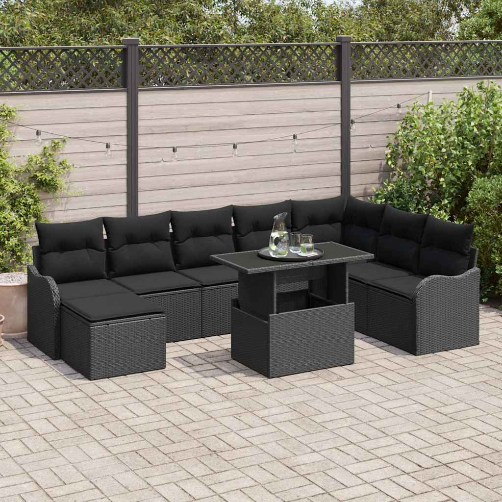 Set Divano da Giardino con cuscino 9 pcs Nero Poly Rattan