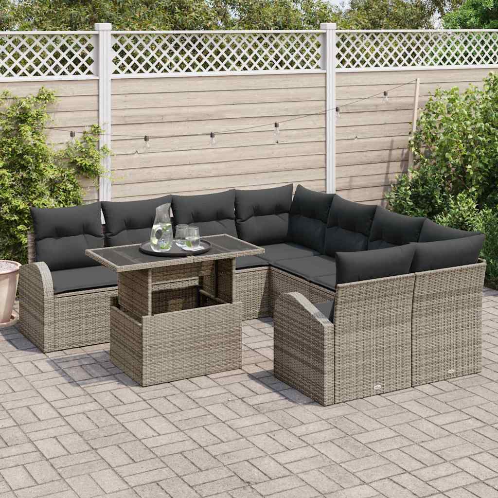 Set Divano da Giardino 9 pcs Grigio Rattan in Polipropilene