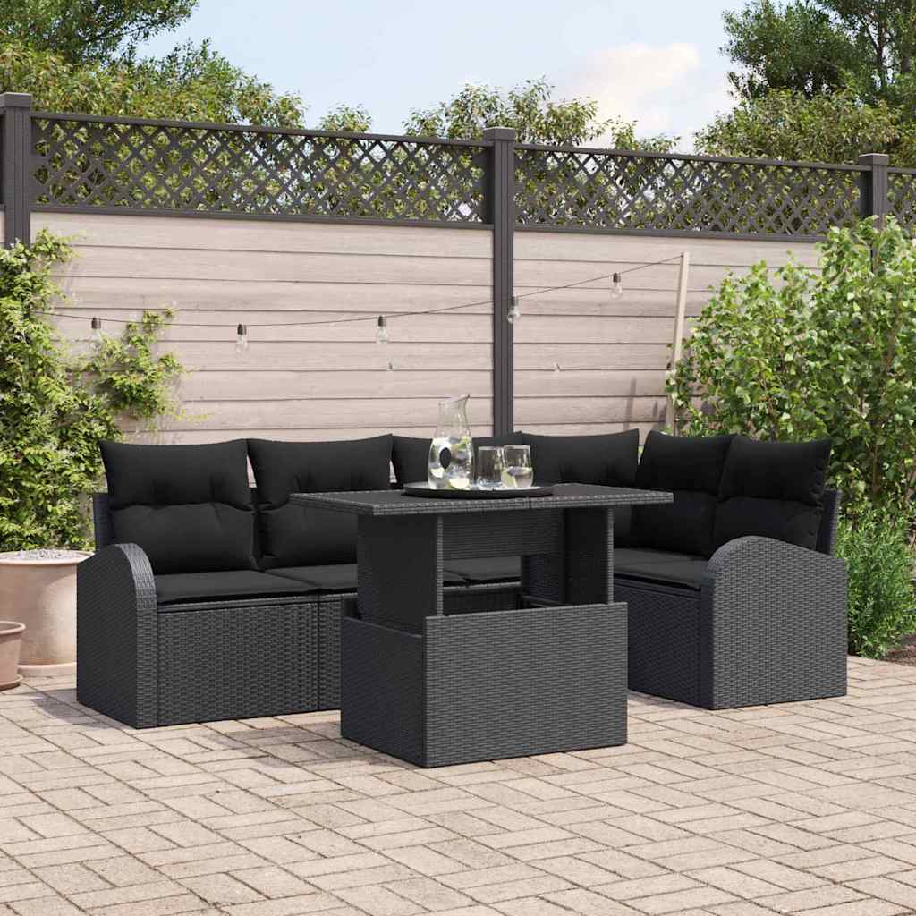 Set Divano da Giardino con cuscino 6 pcs Nero Poly Rattan