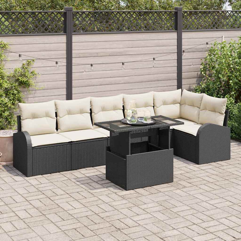 Set Divano da Giardino con cuscino 7 pcs Nero Poly Rattan