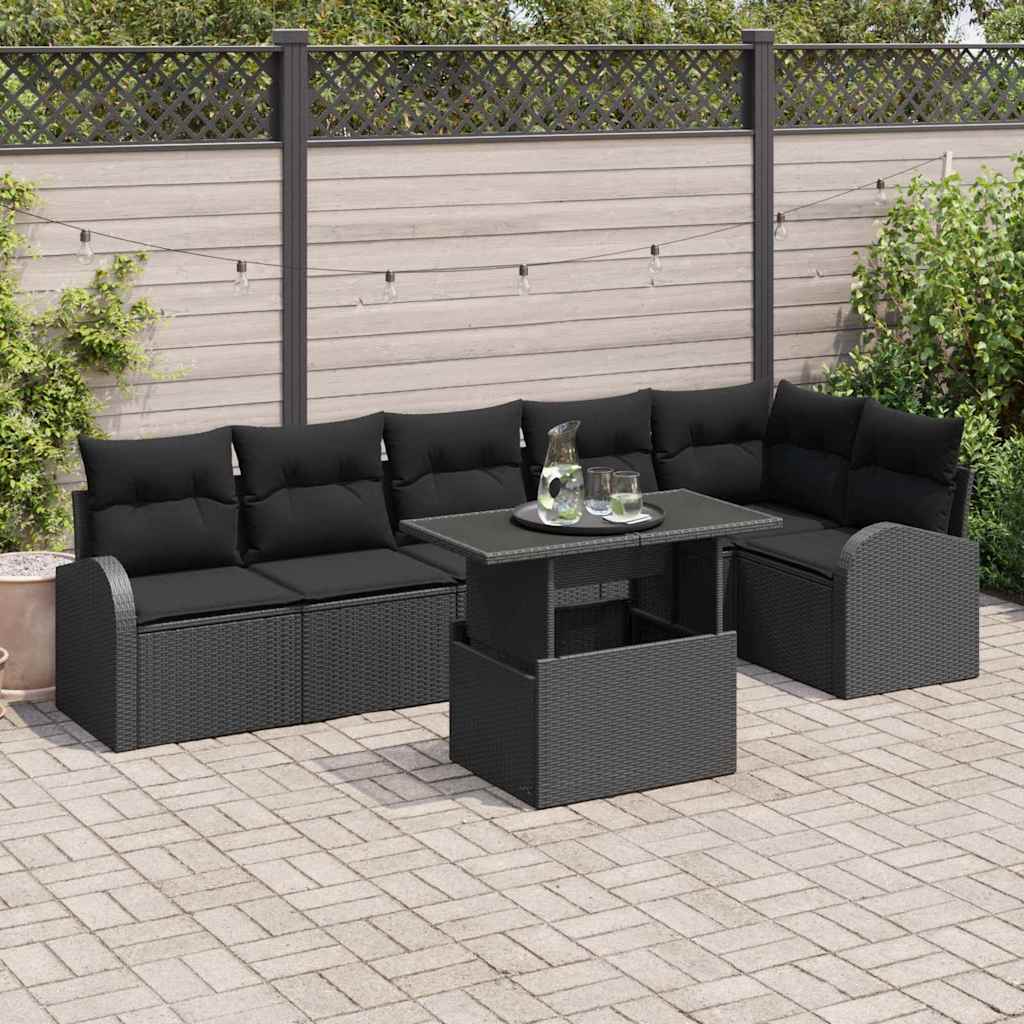 Set Divano da Giardino con cuscino 7 pcs Nero Poly Rattan