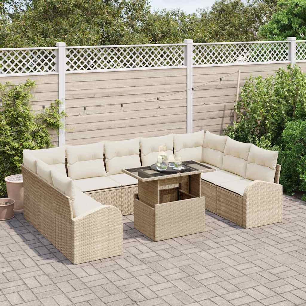 Set Divano da Giardino con cuscino 10 pcs Beige Poly Rattan