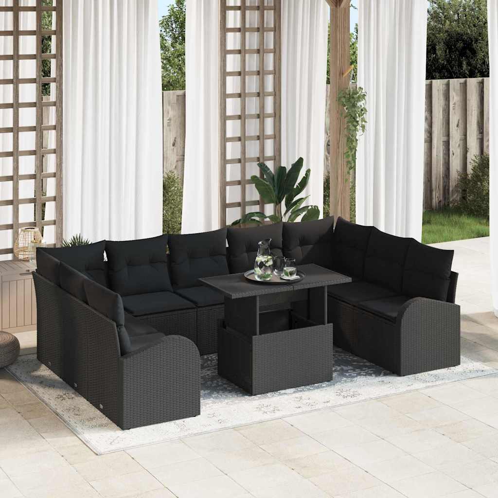 Set Divano da Giardino con cuscino 10 pcs Nero Poly Rattan