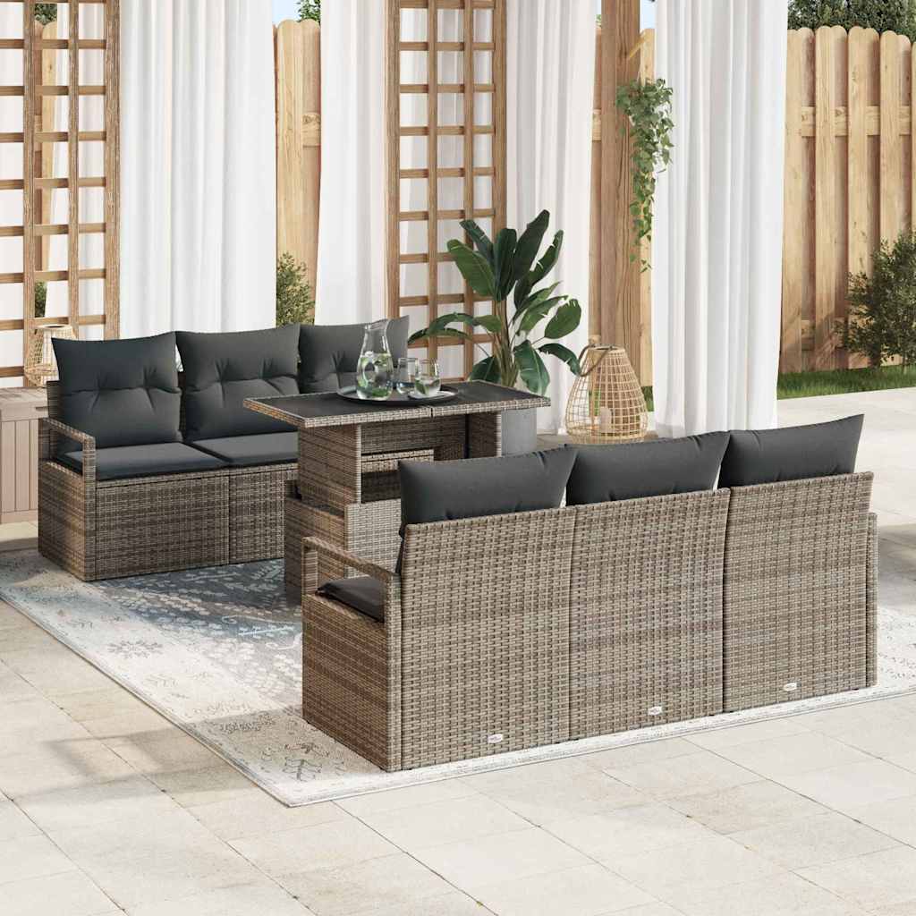 Set Divano da Giardino con cuscino 7 pcs Grigio Poly Rattan