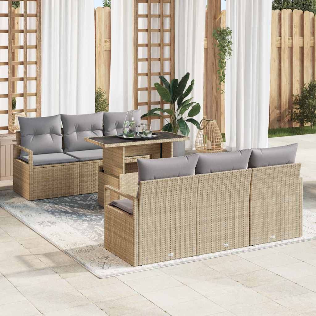 Set Divano da Giardino con cuscino 7 pcs Beige Poly Rattan