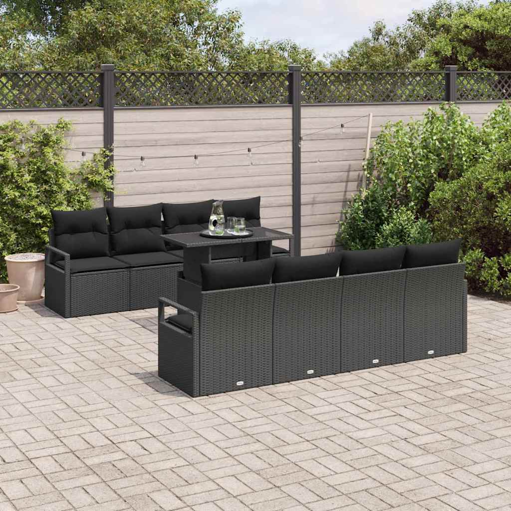 Set Divano da Giardino con cuscino 9 pcs Nero Poly Rattan