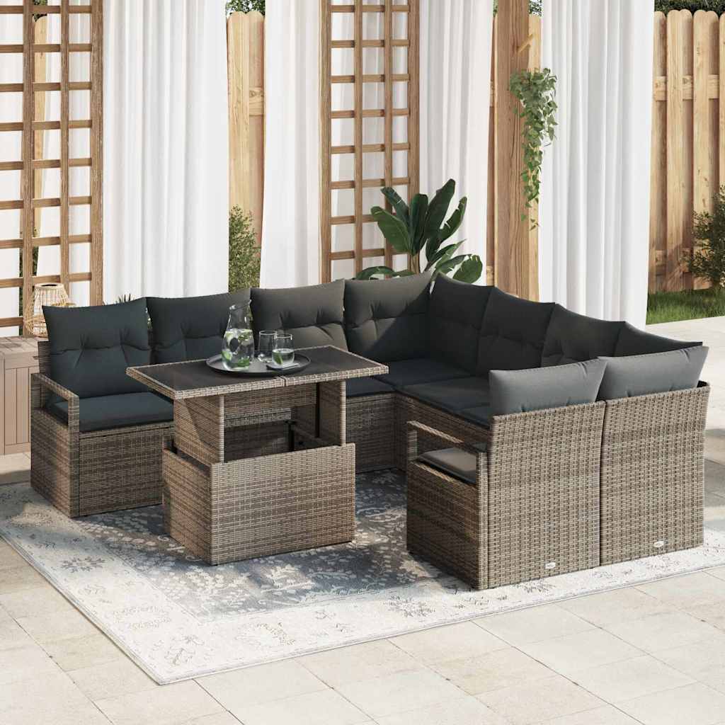 Set Divano da Giardino con cuscino 9 pcs Grigio Poly Rattan