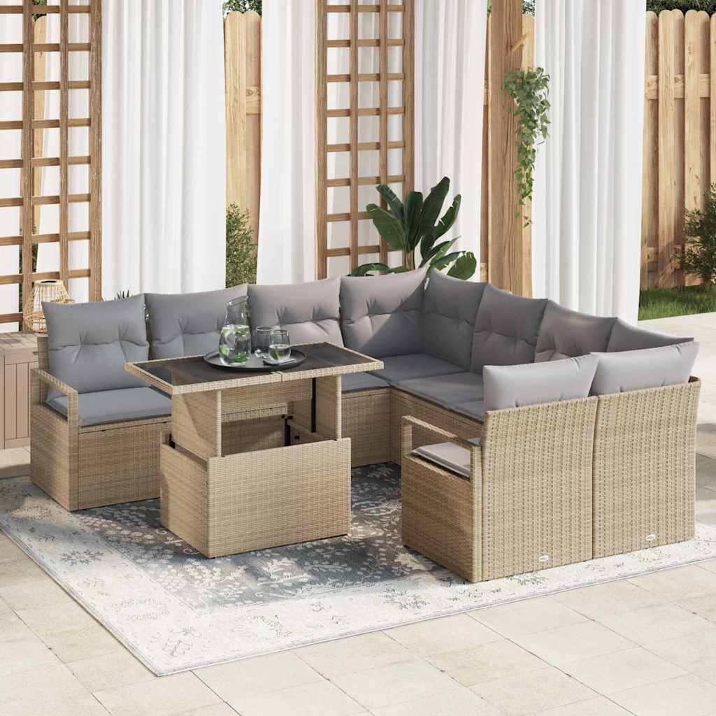Set Divano da Giardino con cuscino 9 pcs Beige Poly Rattan