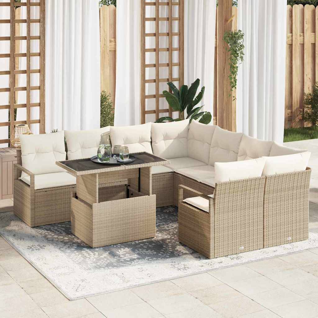 Set Divano da Giardino con cuscino 9 pcs Beige Poly Rattan