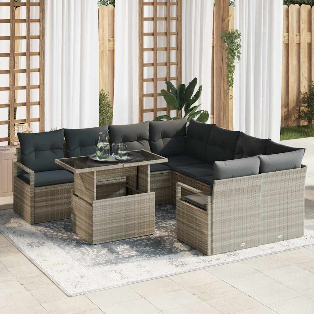 Set Divano da Giardino 9 pcs Grigio chiaro Poly Rattan
