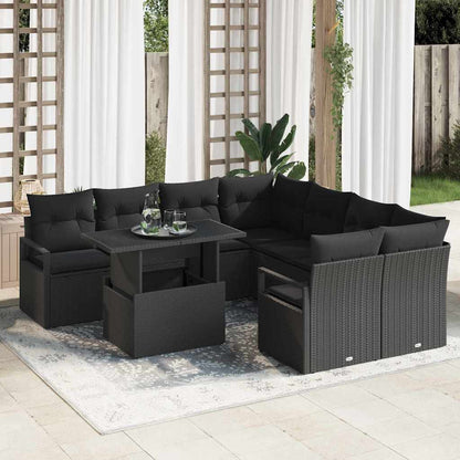Set Divano da Giardino con cuscino 9 pcs Nero Poly Rattan