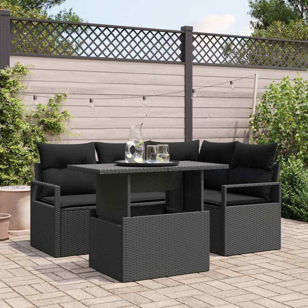 Set Divano da Giardino con cuscino 5 pcs Nero Poly Rattan
