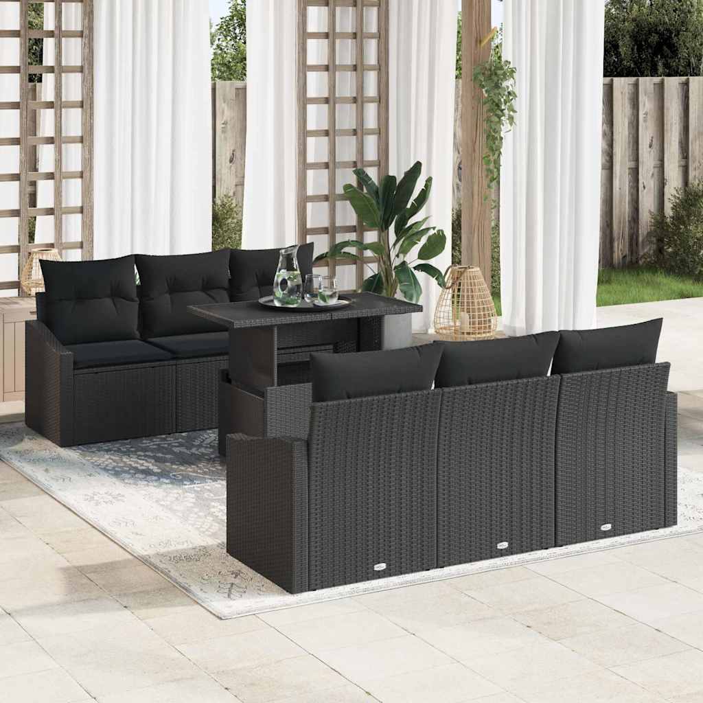 Set Divano da Giardino con cuscino 7 pcs Nero polyrattan
