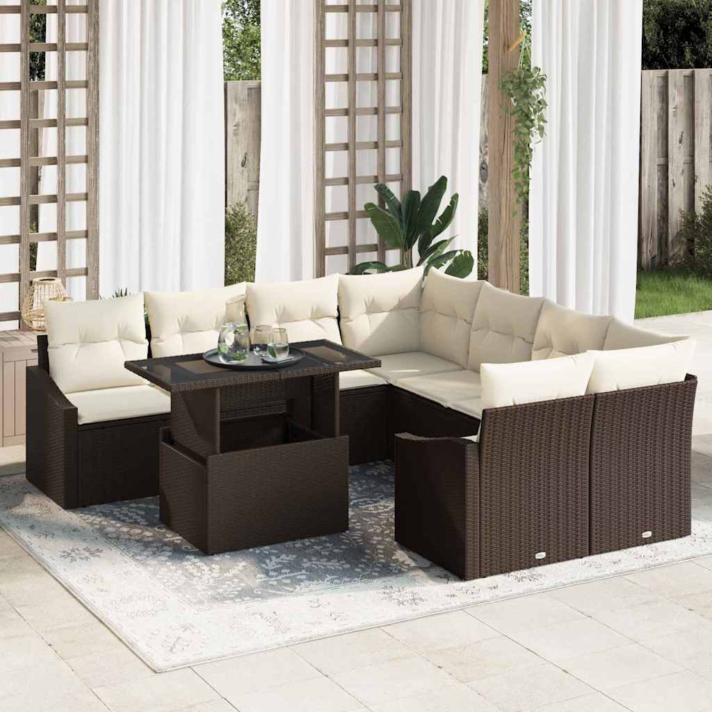 Set Divano da Giardino con cuscino 9 pcs Marrone Polyrattan