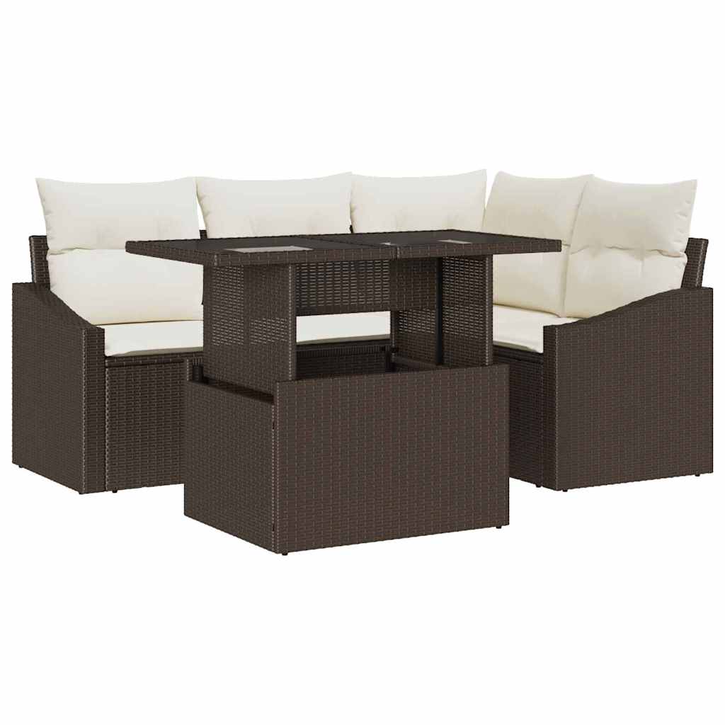 Set Divano da Giardino con cuscino 5 pcs Marrone e Crema
