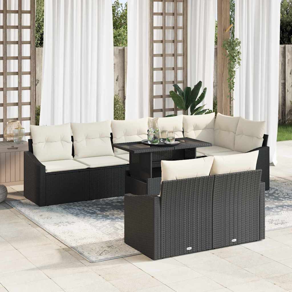 Set Divano da Giardino con cuscino 9 pcs Nero e Crema