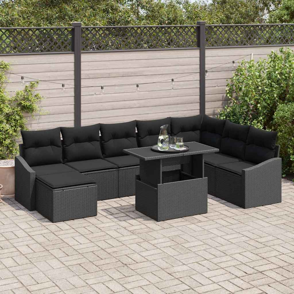 Set Divano da Giardino con cuscino con archiviazione 9 pcs Nero