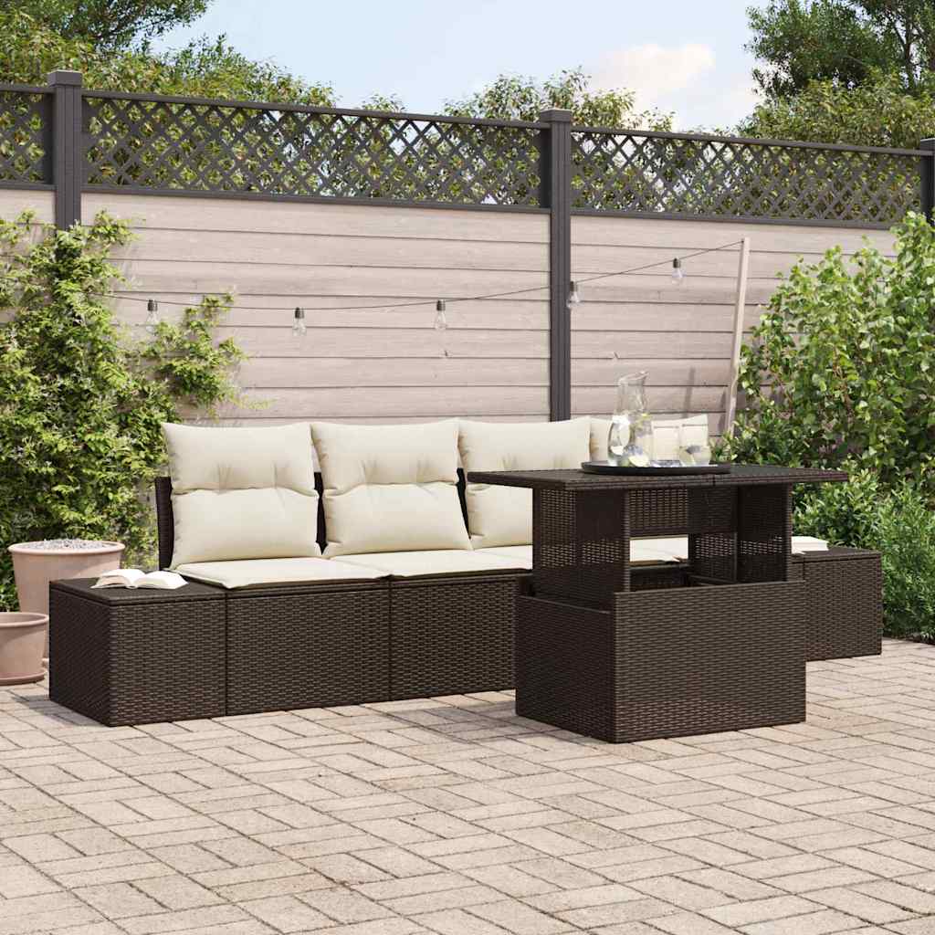 Set Divano da Giardino con cuscino 5 pcs Marrone e Crema