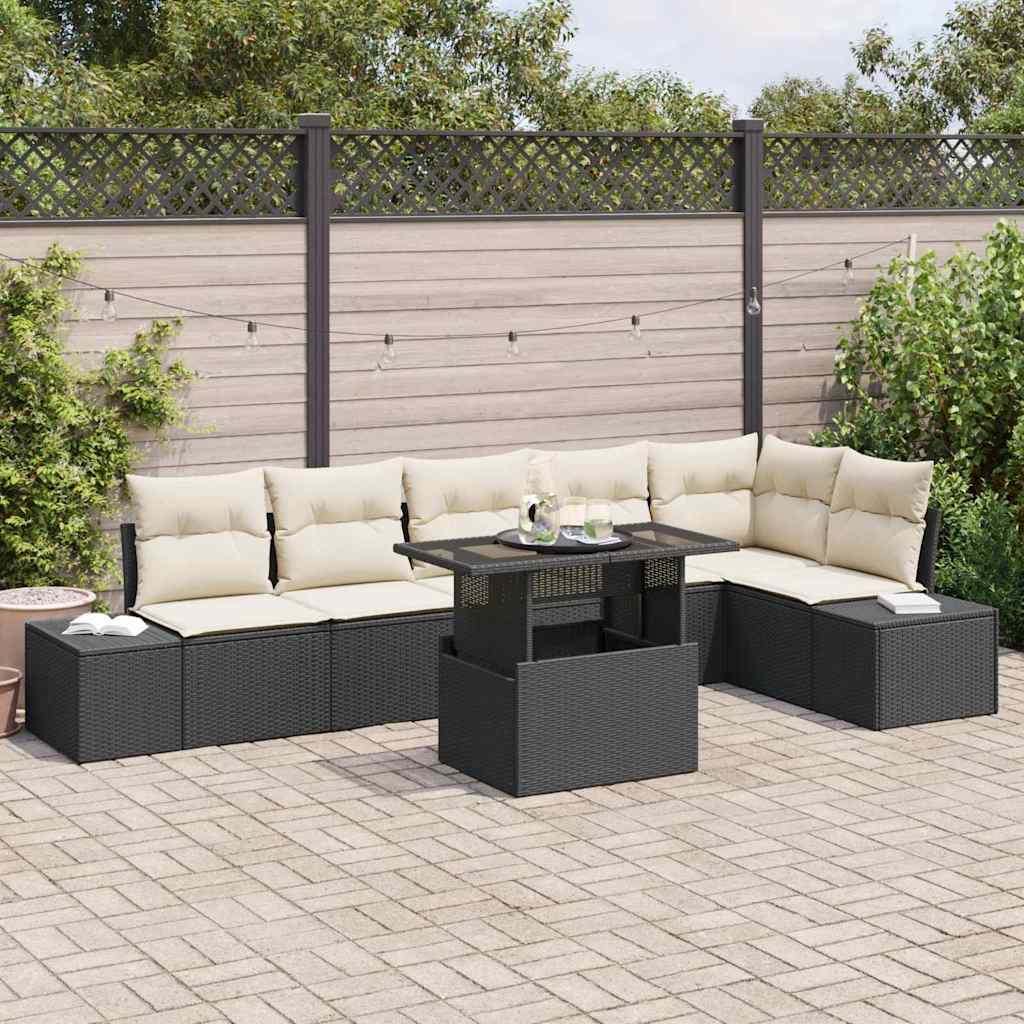 Set Divano da Giardino con cuscino 7 pcs Nero polyrattan