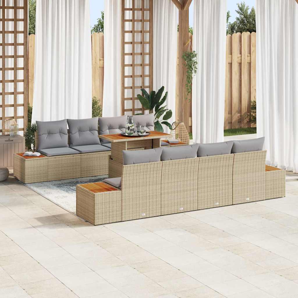 Set Divano da Giardino con cuscino 9 pcs Beige Poly Rattan