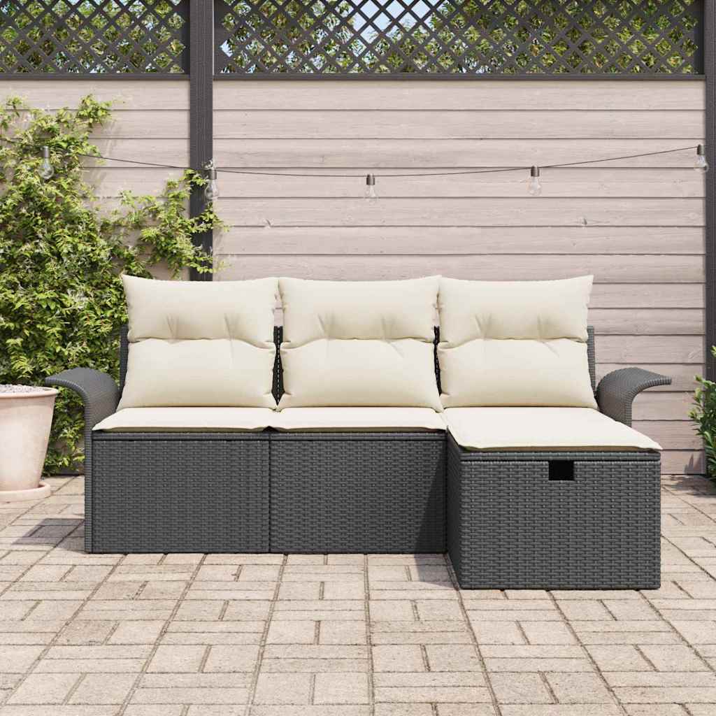 Set Divano da Giardino 4 pcs Nero e crema Poly Rattan